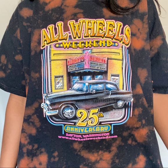 “All Wheels” Black Bleach Tie-Dye Graphic Tee - Picture 2 of 5